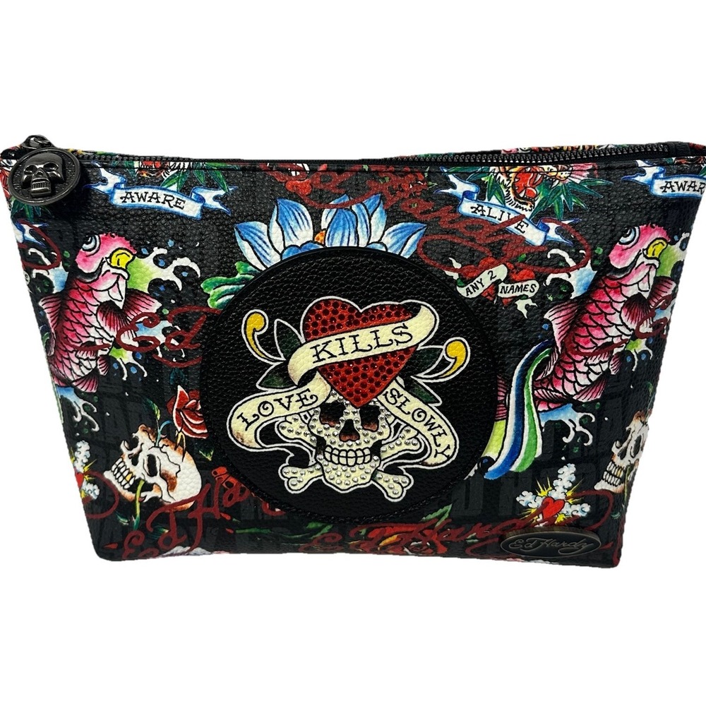 Ed Hardy Cosmetic Bag Skull Heart Koi Tattoo Print Makeup‎ Pouch Black
